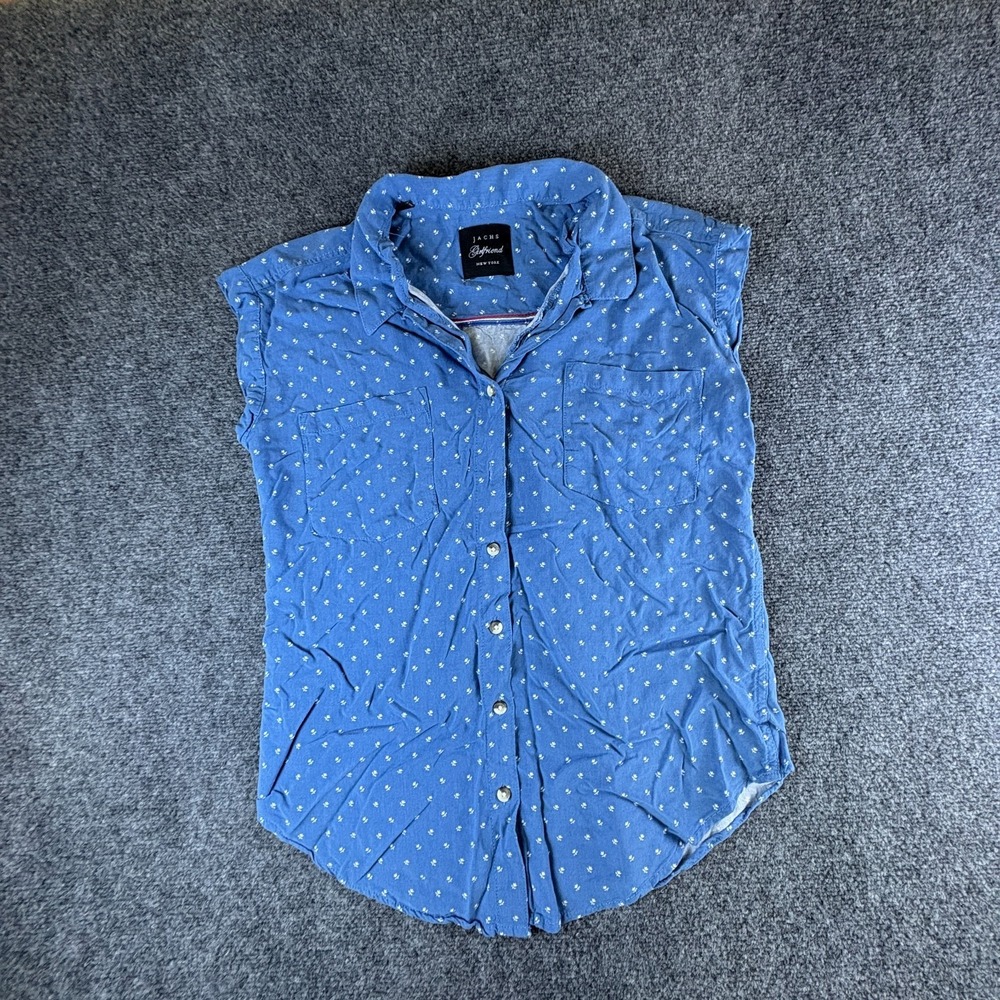 Jachs Girlfriend Shirt Women M Blue Floral Shirttail Hem Collared Button Up READ